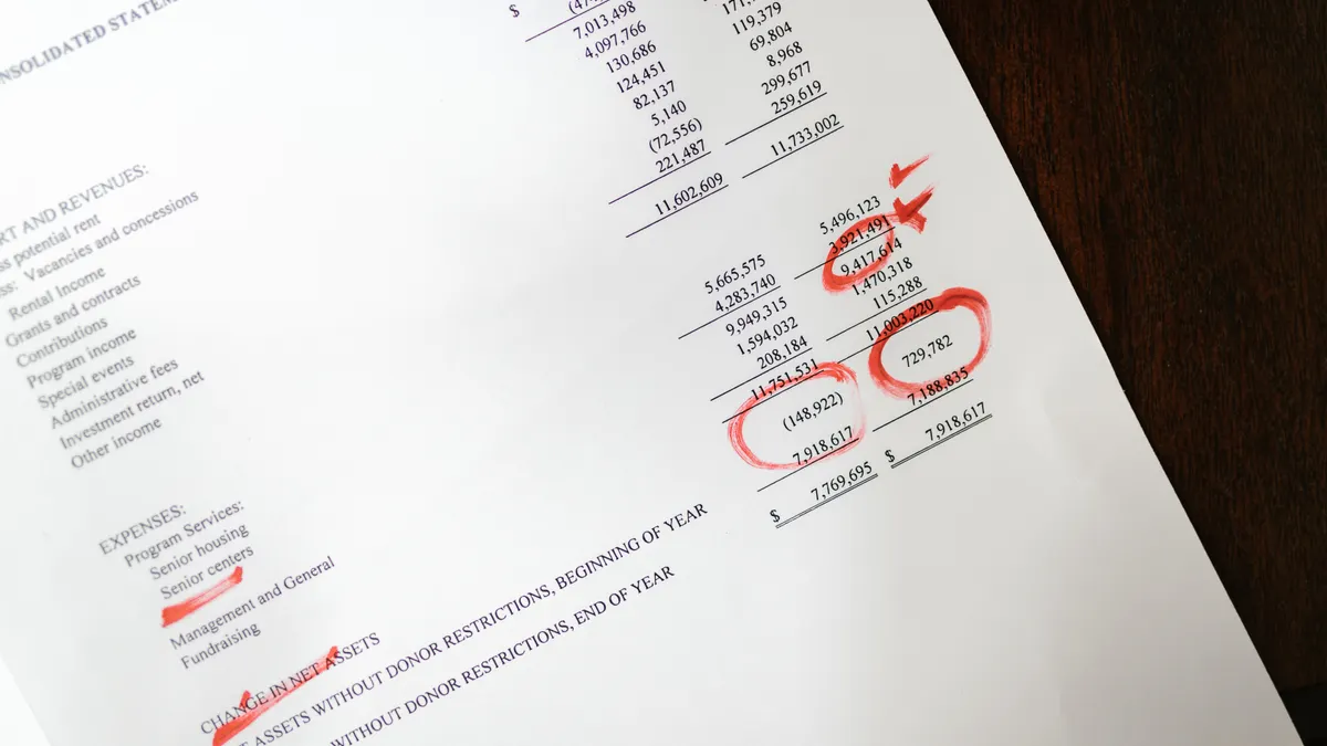 Financial statement page with red marked figures
